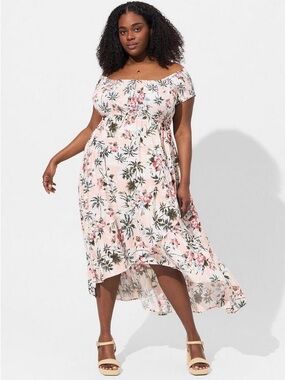 Torrid Maxi Challis off shoulder Tulip floral print hi-low dress